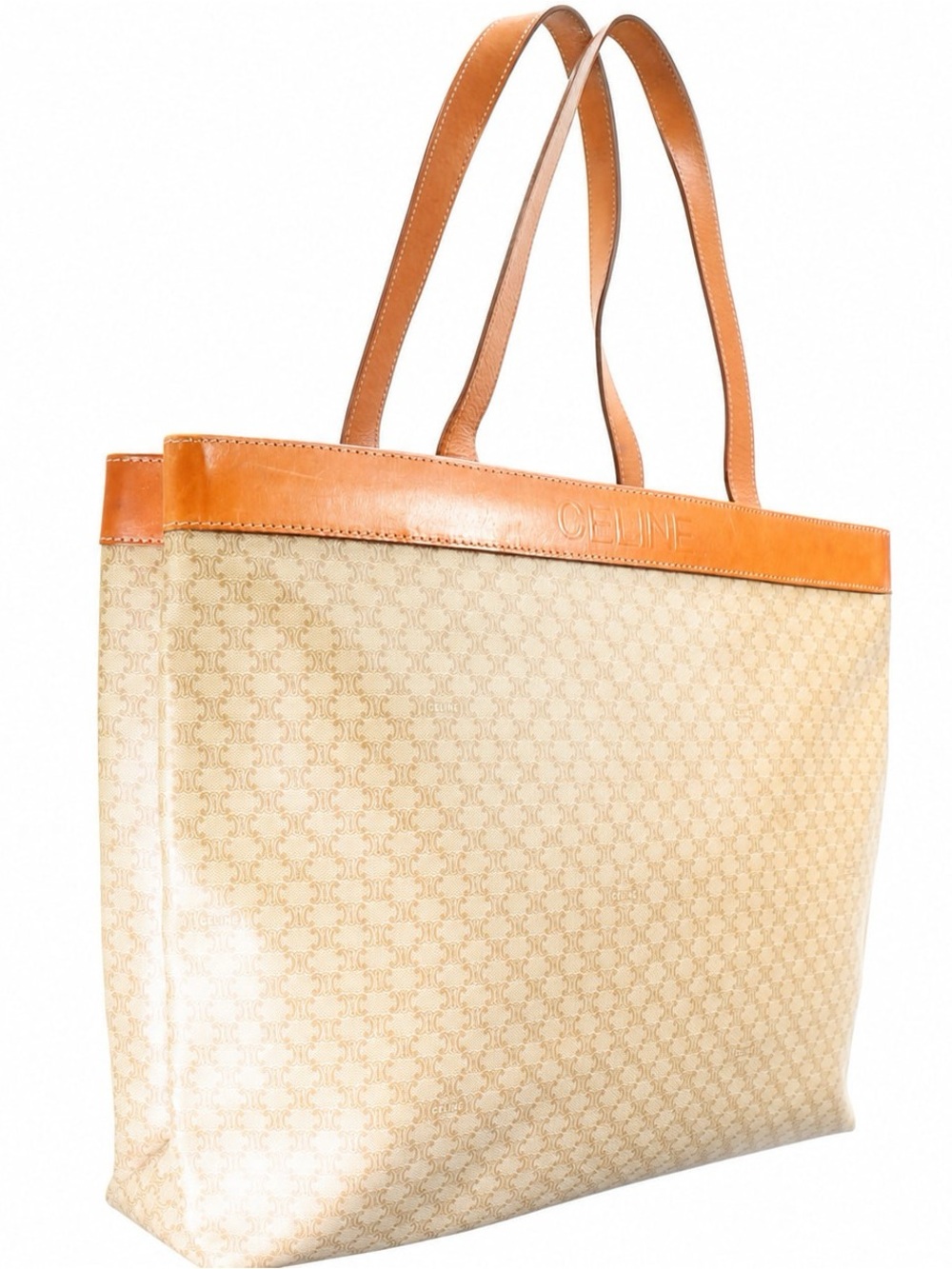 Celine Macadam Monogram Canvas Leather Tote Bag Handbag Purse Beige Tan